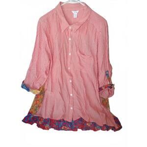 Intro Women's 3X Striped Button-Up Blouse with Colorful Floral Back